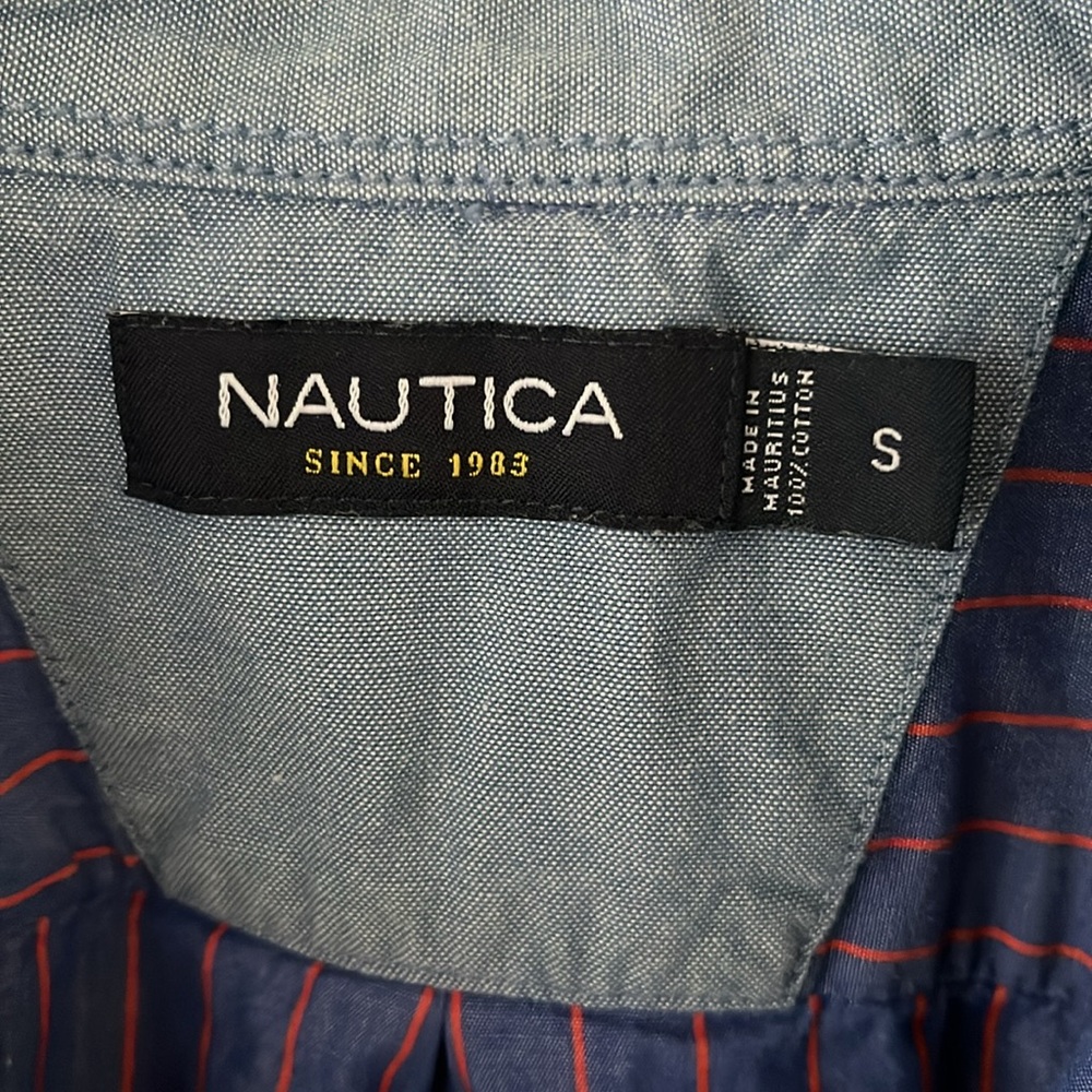 Nautica Men’s size S button down blue with orange stripe shirt - Picture 2 of 4